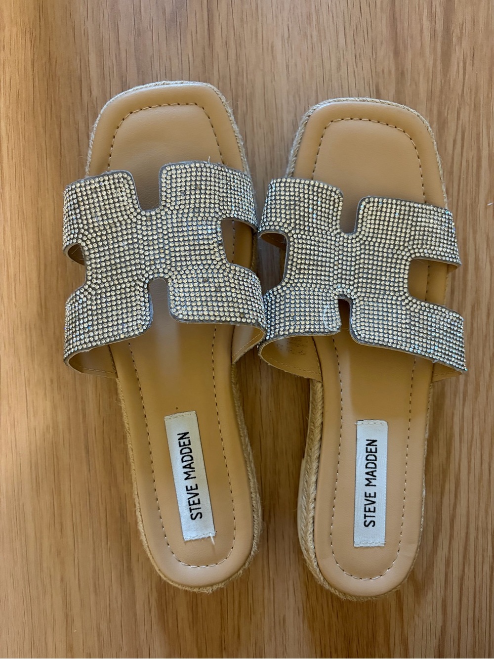 Steve Madden Crystal-Embellished Tan Slide Sandals
